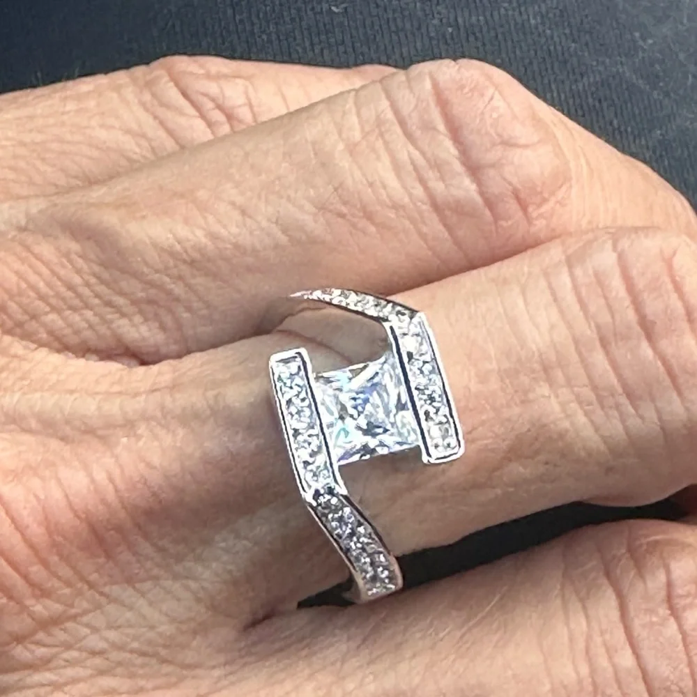 Swarovski Elements Princess Cut Crystal Silver Ring 6.75